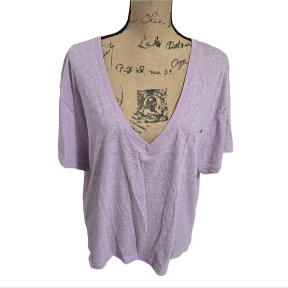 J. Crew XL Purple Slub Cotton Blend Deep V-Neck Pocket T-Shirt Relaxed Fit Top‎
